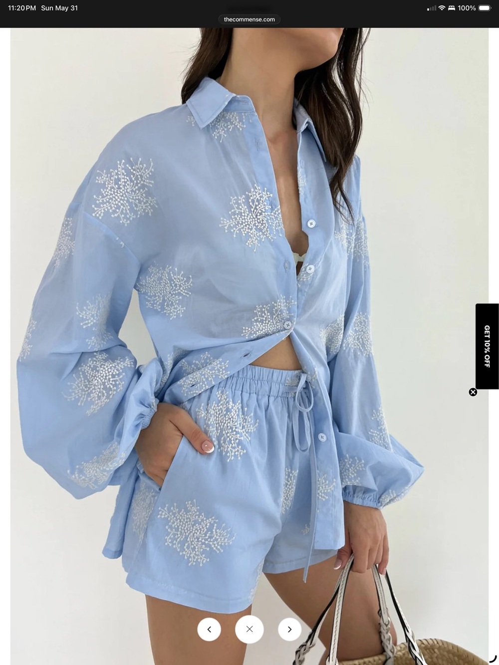 Commense Semi-Sheer Plant Embroidery Casual Shorts Set Blue - Large